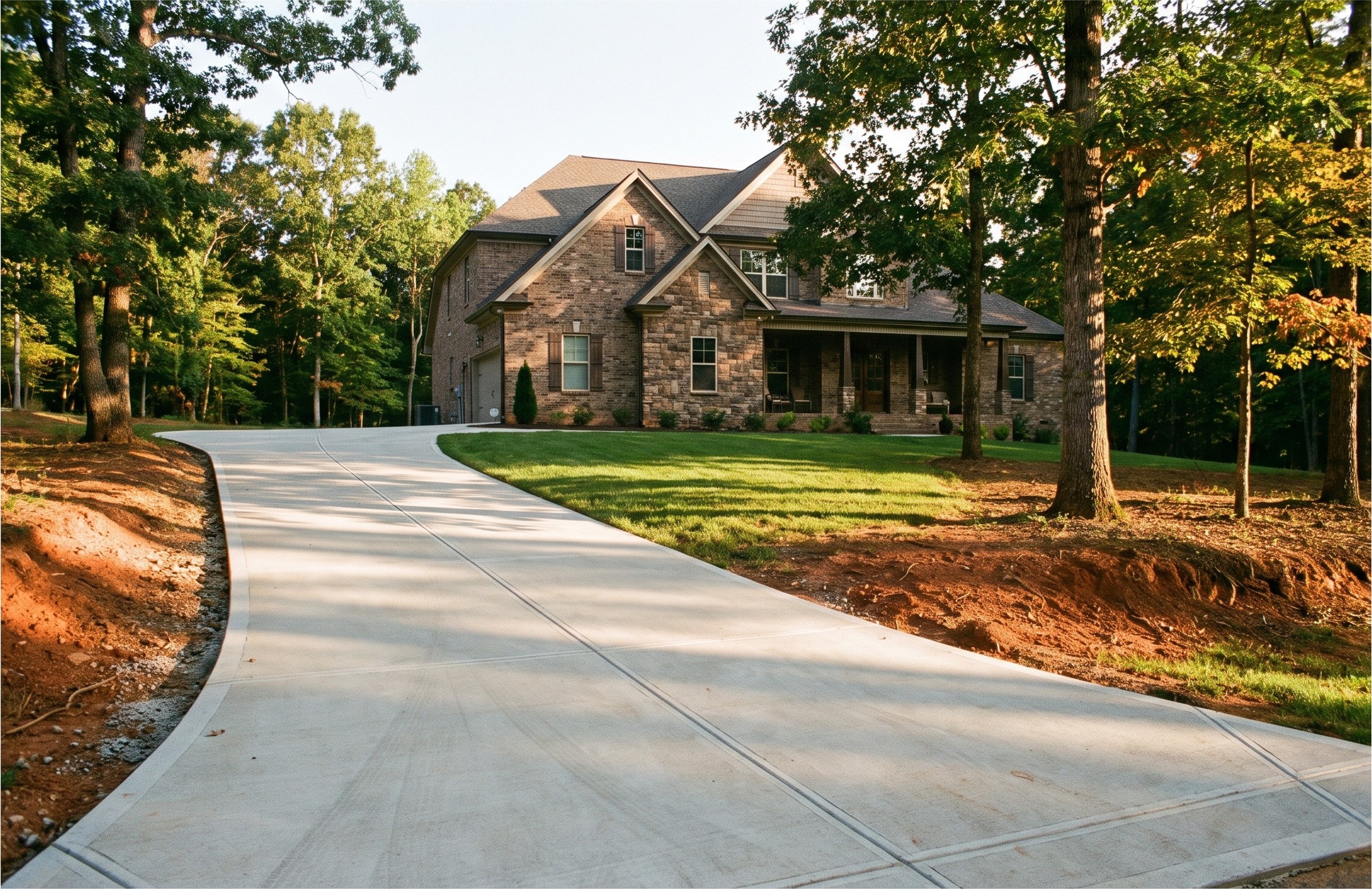 A freshly poured concrete driveway leading up to a brick family home