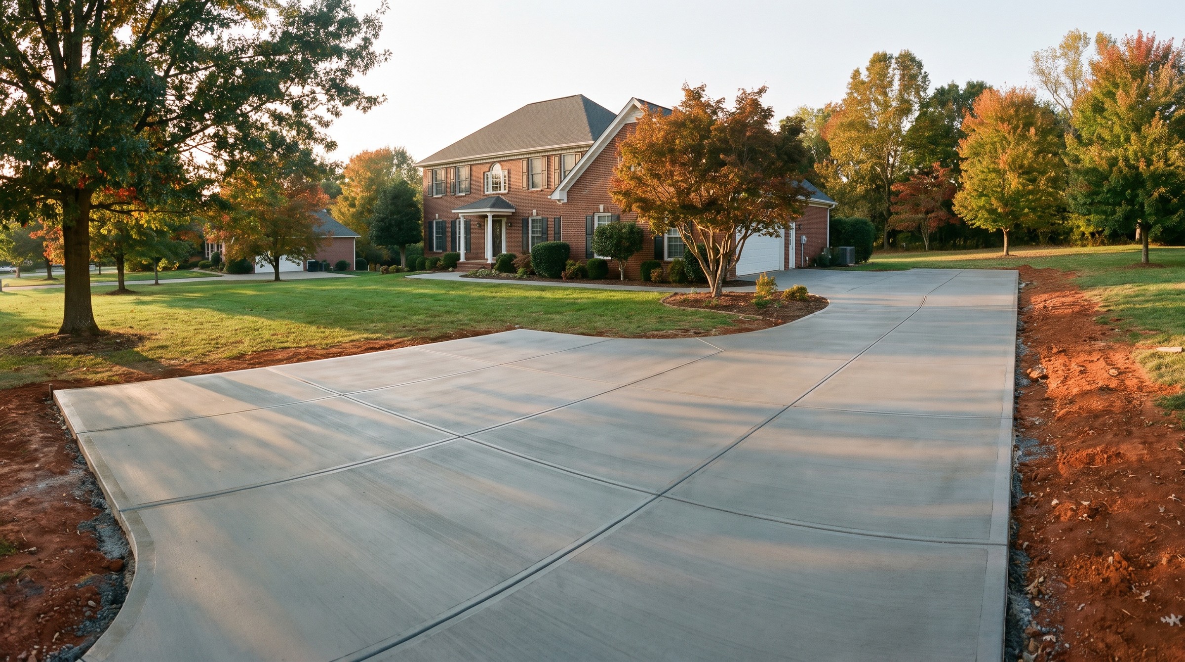 A wide, freshly finished concrete driveway at a brick home