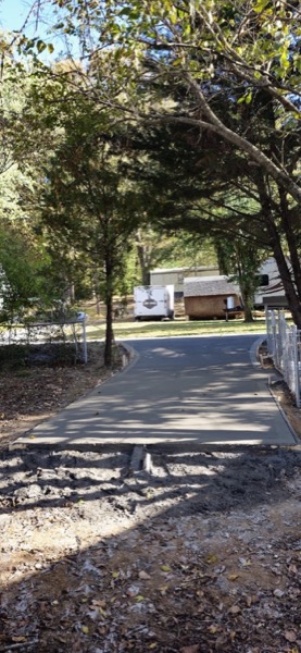 A concrete driveway running out through the trees